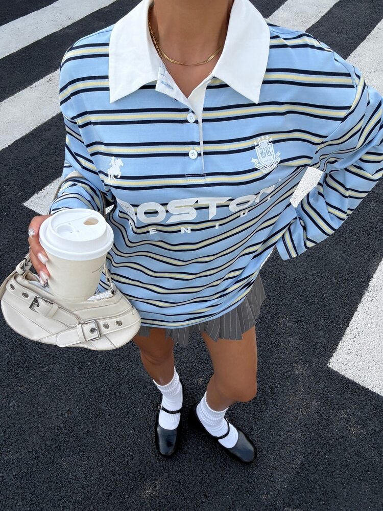 Muchica Women's New Autumn Blue Striped Polo Collar Letter Print Loose Long Sleeve T-Shirt For Going Out, Streetwear, Y2K - Blue - View 4