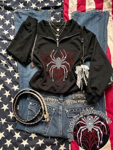 SHEIN EZwear Women's Rhinestone Spider Print Pattern Chest Flower Design Wide Gray Loose Half-Zip High Neck Thin Sweatshirt Pullover, Thick Material, Suitable For Autumn/Winter Thickened Sweatshirt - Black - View 5