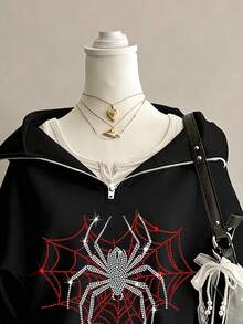 SHEIN EZwear Women's Rhinestone Spider Print Pattern Chest Flower Design Wide Gray Loose Half-Zip High Neck Thin Sweatshirt Pullover, Thick Material, Suitable For Autumn/Winter Thickened Sweatshirt - Black - View 3