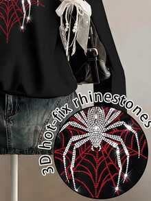 SHEIN EZwear Women's Rhinestone Spider Print Pattern Chest Flower Design Wide Gray Loose Half-Zip High Neck Thin Sweatshirt Pullover, Thick Material, Suitable For Autumn/Winter Thickened Sweatshirt - Black - View 4