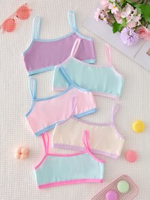 5pcs/Set Girls Cute Sweet Macaron Color Contrast Ribbon Minimalist Fashion Multi-Color Casual Daily Camisole Tank Top Underwear, Made Of High Elastic Knit Fabric, Suitable For All Seasons - Multicolor - View 3