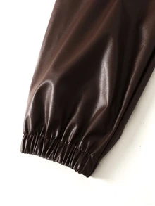 SHEIN 青少年女孩秋冬新款棕色PU皮革休閒街頭風短夾克 - 棕色 - 查看 6
