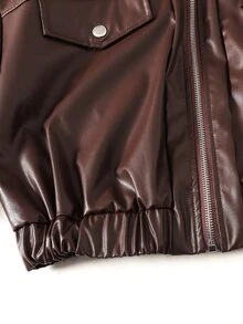 SHEIN 青少年女孩秋冬新款棕色PU皮革休閒街頭風短夾克 - 棕色 - 查看 5