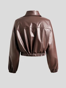 SHEIN 青少年女孩秋冬新款棕色PU皮革休閒街頭風短夾克 - 棕色 - 查看 2