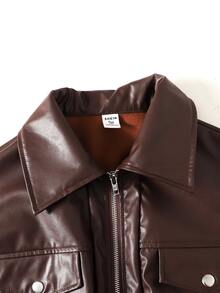 SHEIN 青少年女孩秋冬新款棕色PU皮革休閒街頭風短夾克 - 棕色 - 查看 4
