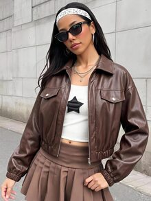SHEIN 青少年女孩秋冬新款棕色PU皮革休閒街頭風短夾克 - 棕色 - 查看 7