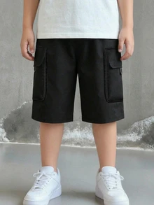 Tween Boys' Casual Everyday Comfortable Patch Pocket Loose Solid Woven Shorts - Black - View 3
