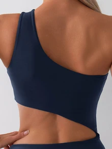 Swim Basics Ladies' Solid Color Asymmetrical Neck Hollow Out One-Piece Swimsuit For Vacation,Summer Beach - Navy Blue - View 4