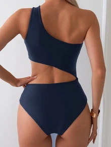 Swim Basics Ladies' Solid Color Asymmetrical Neck Hollow Out One-Piece Swimsuit For Vacation,Summer Beach - Navy Blue - View 2