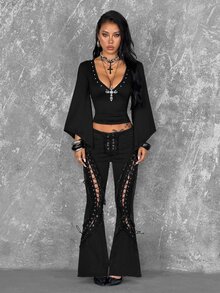Coolane Women's Autumn Street Punk Party Deep V-Neck Studded Decor 9-Point Flared Sleeve Fitted Versatile Top - Black - View 2