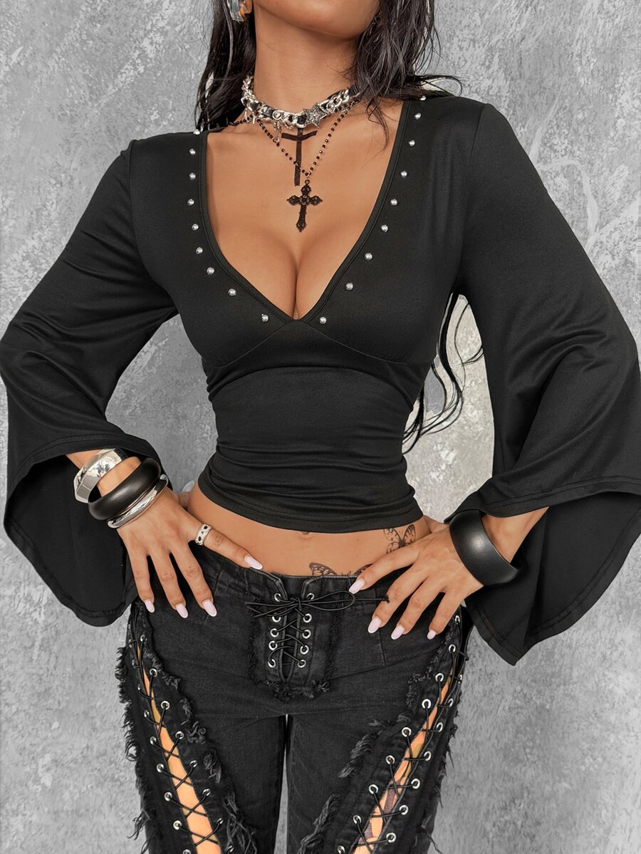 Coolane Women's Autumn Street Punk Party Deep V-Neck Studded Decor 9-Point Flared Sleeve Fitted Versatile Top - Black - View 1