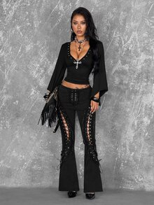 Coolane Women's Autumn Street Punk Party Deep V-Neck Studded Decor 9-Point Flared Sleeve Fitted Versatile Top - Black - View 6