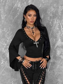 Coolane Women's Autumn Street Punk Party Deep V-Neck Studded Decor 9-Point Flared Sleeve Fitted Versatile Top - Black - View 3