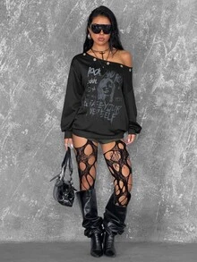 Coolane Sweatshirt Wanita Kerah Asimetris dengan Cetakan Karakter & Huruf - Hitam - View 2