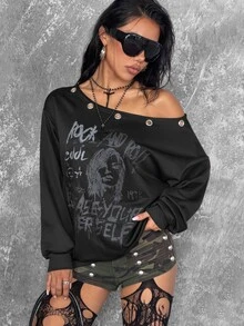 Coolane Sweatshirt Wanita Kerah Asimetris dengan Cetakan Karakter & Huruf - Hitam - View 1