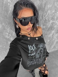 Coolane Sweatshirt Wanita Kerah Asimetris dengan Cetakan Karakter & Huruf - Hitam - View 3