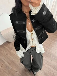 Coolane Women's Autumn Streetwear Vintage Casual Chic Old Money Napoleon Military Trim Black Washed Jacket,Ceremony Outfits - Black - View 5