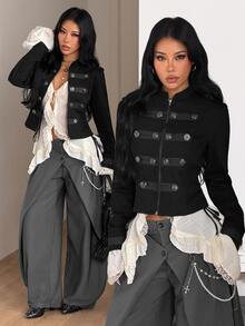 Coolane Women's Autumn Streetwear Vintage Casual Chic Old Money Napoleon Military Trim Black Washed Jacket,Ceremony Outfits - Black - View 2