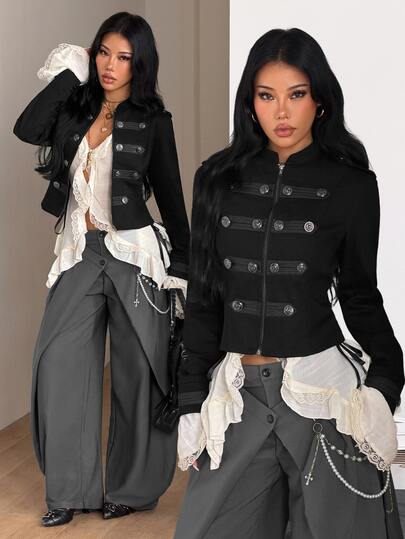 Coolane Women's Autumn Streetwear Vintage Casual Chic Old Money Napoleon Military Trim Black Washed Jacket,Ceremony Outfits