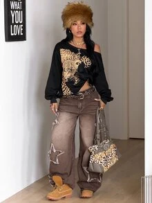 Coolane Sweatshirt Streetwear Motif Hewan dengan Bahu Asimetris untuk Wanita - Hitam - View 3