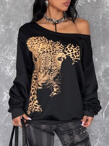 Coolane Sweatshirt Streetwear Motif Hewan dengan Bahu Asimetris untuk Wanita - Hitam - View 4
