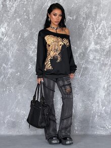 Coolane Sweatshirt Streetwear Motif Hewan dengan Bahu Asimetris untuk Wanita - Hitam - View 5