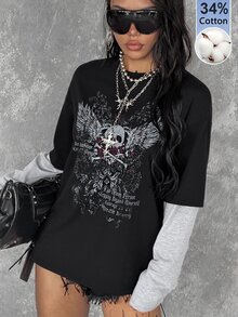 Coolane 女款秋季街頭風休閒 Y2K 龐克復古 Grunge 色塊拼接骷髏翅膀哥德圖案萬聖節長袖黑色 T 恤 - 黑色 - 查看 2