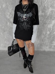 Coolane 女款秋季街頭風休閒 Y2K 龐克復古 Grunge 色塊拼接骷髏翅膀哥德圖案萬聖節長袖黑色 T 恤 - 黑色 - 查看 3