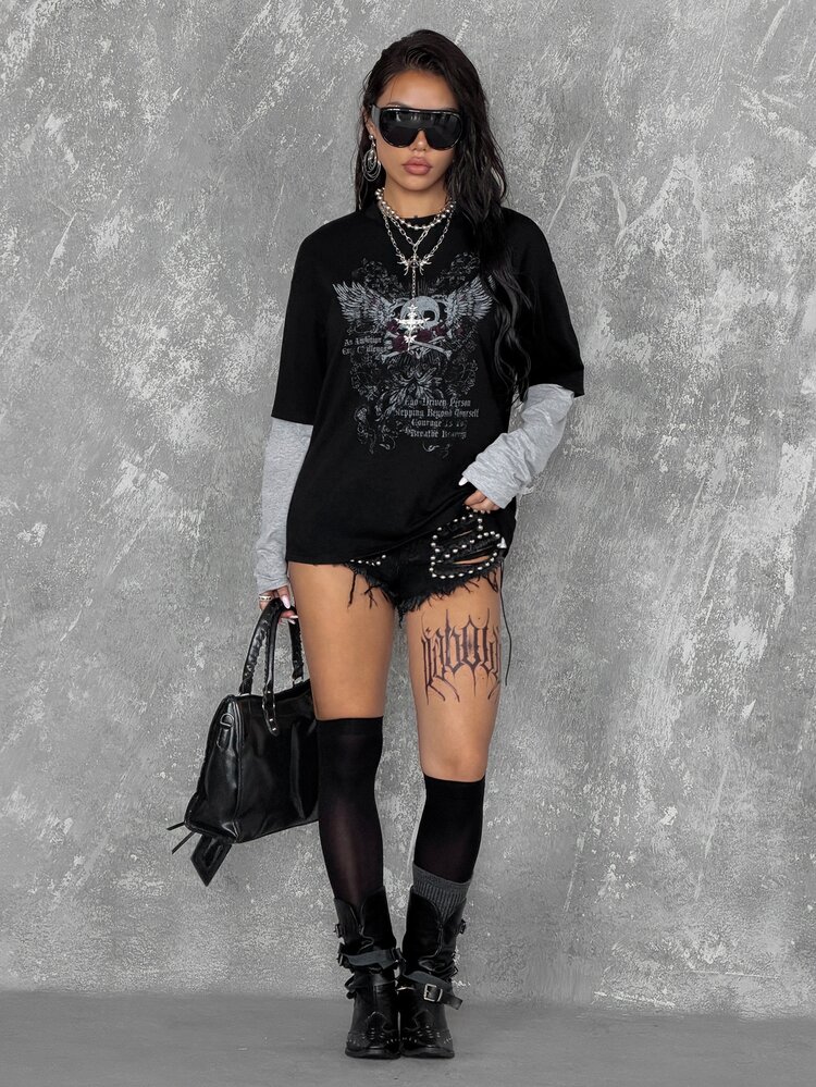 Coolane Women's Autumn Streetwear Casual Y2K Punk Vintage Grunge Colorblock Patchwork Skull Wings Goth Graphics Halloween Long Sleeve Black T-Shirt - Black - View 6