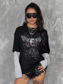 Coolane 女款秋季街頭風休閒 Y2K 龐克復古 Grunge 色塊拼接骷髏翅膀哥德圖案萬聖節長袖黑色 T 恤 - 黑色 - 查看 4
