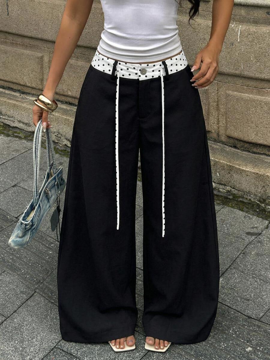 Coolane 女款四季秋季日常穿著街頭風外出裝 文藝復興市集休閒基礎學院風拼接黑白波點 Bai'y 直筒褲