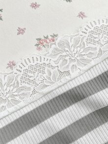 Elamini 女款休閒法式可愛蕾絲拼接白色露肩短袖T恤，適合日常通勤、早午餐、夏季穿著 - 淺灰色 - 查看 3