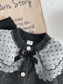 SHEIN Playful Pals 女嬰幼兒新生兒 0-3 歲秋冬時尚針織毛絨羅紋 3D 蝴蝶結開襟外套 + 緊身褲套裝，戶外穿搭 - 黑色 - 查看 8
