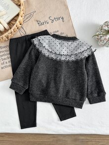SHEIN Playful Pals 女嬰幼兒新生兒 0-3 歲秋冬時尚針織毛絨羅紋 3D 蝴蝶結開襟外套 + 緊身褲套裝，戶外穿搭 - 黑色 - 查看 2
