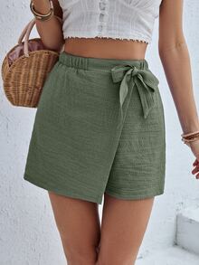 SHEIN Frenchy Solid Color Casual Tie Waist Shorts - Olive Green - View 4