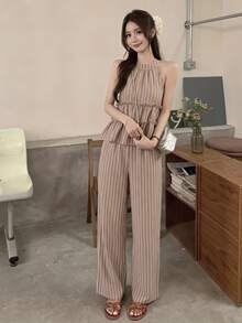 Serisse Women's Beige Striped Boho Summer 2 Pieces Set,Sleeveless Ruffle Peplum Halter Top And Wide Leg Pants,Holiday Vacation Casual Beach Outfit - Brown - View 2