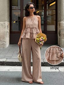 Serisse Women's Beige Striped Boho Summer 2 Pieces Set,Sleeveless Ruffle Peplum Halter Top And Wide Leg Pants,Holiday Vacation Casual Beach Outfit - Brown - View 10