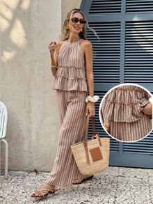 Serisse Women's Beige Striped Boho Summer 2 Pieces Set,Sleeveless Ruffle Peplum Halter Top And Wide Leg Pants,Holiday Vacation Casual Beach Outfit - Brown - View 9