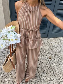 Serisse Women's Beige Striped Boho Summer 2 Pieces Set,Sleeveless Ruffle Peplum Halter Top And Wide Leg Pants,Holiday Vacation Casual Beach Outfit - Brown - View 6