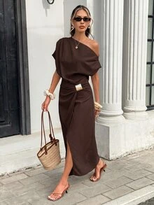 Serisse Women's Solid Color Asymmetrical Shoulder Fashionable Minimalist Design Dress, Summer,Dresses For Women Summer - Coffee Brown - View 7