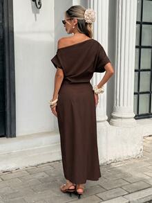 Serisse Women's Solid Color Asymmetrical Shoulder Fashionable Minimalist Design Dress, Summer,Dresses For Women Summer - Coffee Brown - View 2
