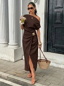 Serisse Women's Solid Color Asymmetrical Shoulder Fashionable Minimalist Design Dress, Summer,Dresses For Women Summer - Coffee Brown - View 3
