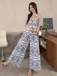 SHEIN Frenchy Women's Vacation Printed Sleeveless Jumpsuit, Suitable For Travel - Baby Blue - View 1