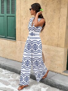 SHEIN Frenchy Women's Vacation Printed Sleeveless Jumpsuit, Suitable For Travel - Baby Blue - View 3