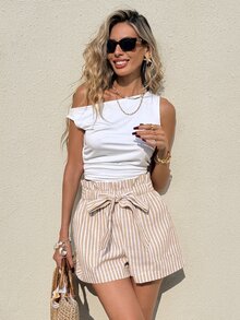 Serisse Women's Ruffle Waist Tie Striped Pocket Casual Shorts - Apricot - View 7