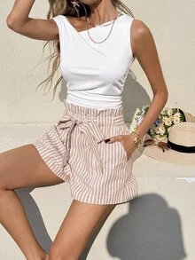 Serisse Women's Ruffle Waist Tie Striped Pocket Casual Shorts - Apricot - View 4