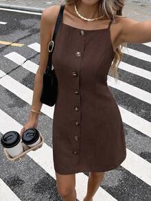 Serisse Women's Solid Color Front Button Casual Camisole Mini Dress,Summer Dresses For Women - Coffee Brown - View 6