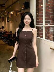 Serisse Women's Solid Color Front Button Casual Camisole Mini Dress,Summer Dresses For Women - Coffee Brown - View 1
