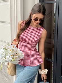 Serisse Women's Oktoberfest Casual Cute Cute Plaid Bow Decor Backless Sleeveless Blouse,Summer Top Red And White Plaid Plaid Elegant Picnic Vacation Summer - Red - View 7