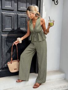Serisse Women's Striped Tie-Waist Sleeveless Shirt And Wide-Leg Pants 2 Pieces Set - Green - View 4